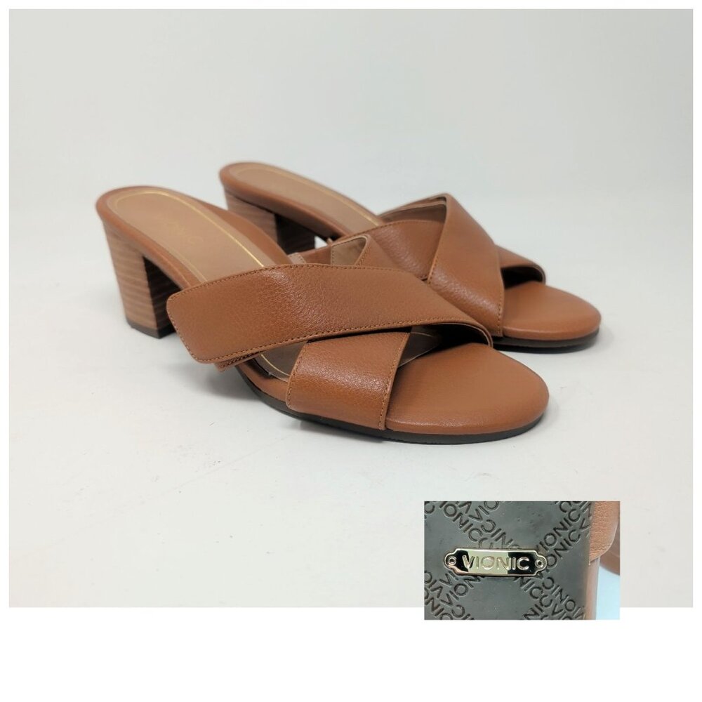 Vionic Tan Heels Sandals 8 Tan Slide Cris Cross Leather